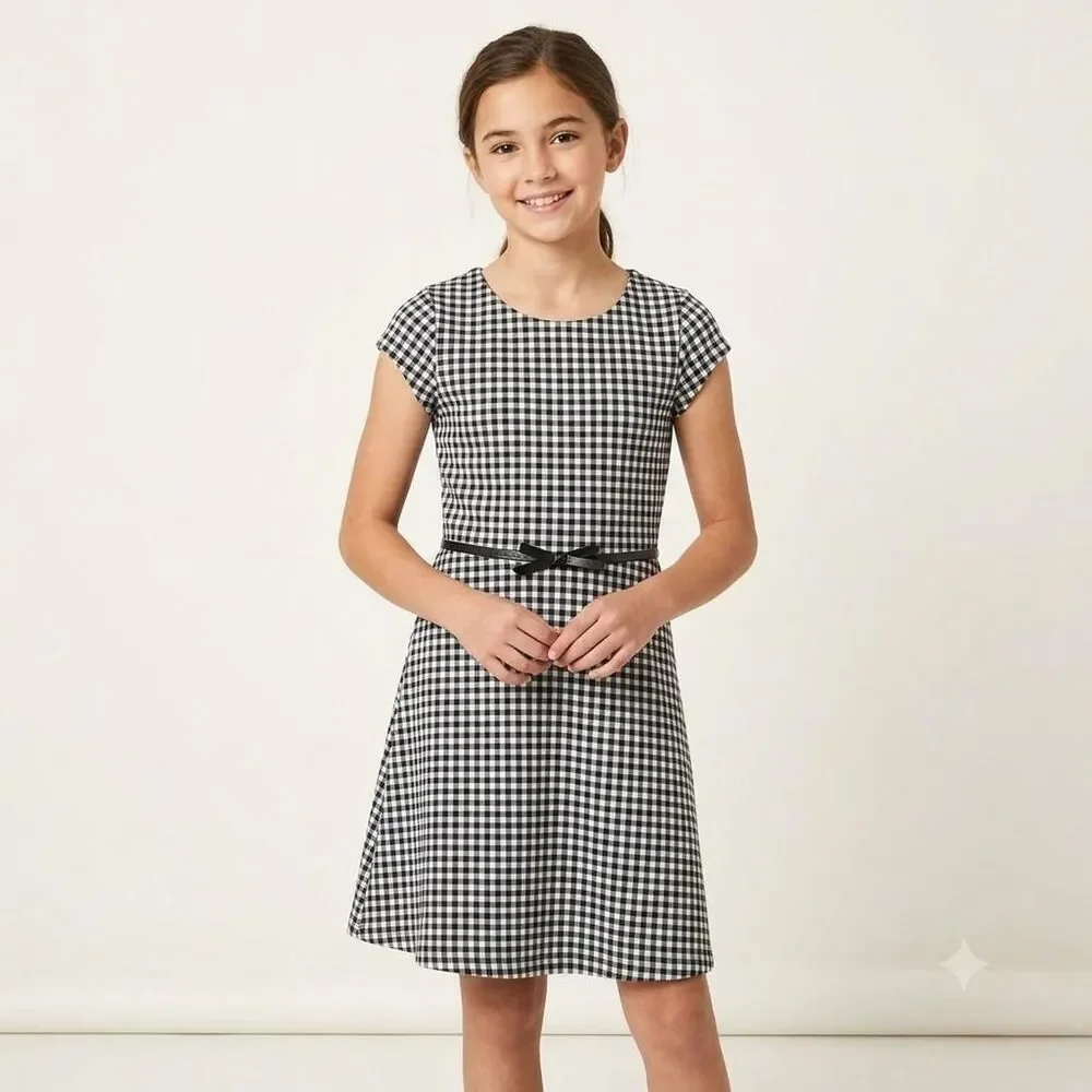 NWT The Children’s Place Girls Size 12 Black & White Gingham Belted Dress